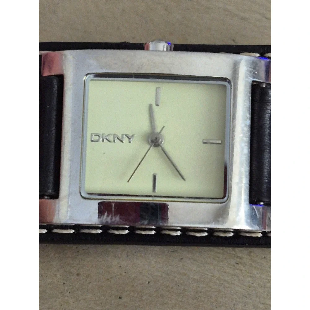 DKNY Cuff Watch Women OS Black Silver Leather Band Square Face Analog Trendy